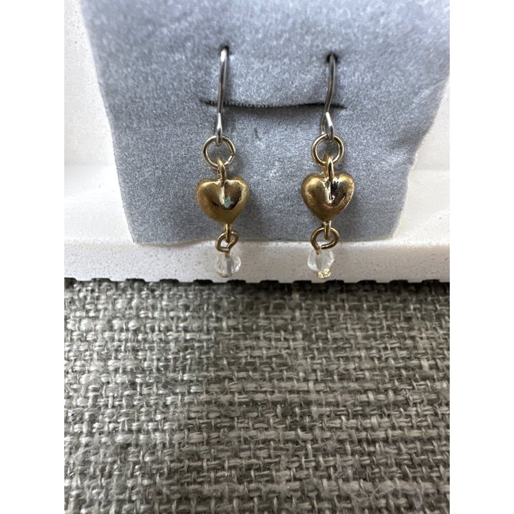 Gold Tone Heart Bead Drop Style Pierced Earrings Fashion Womens